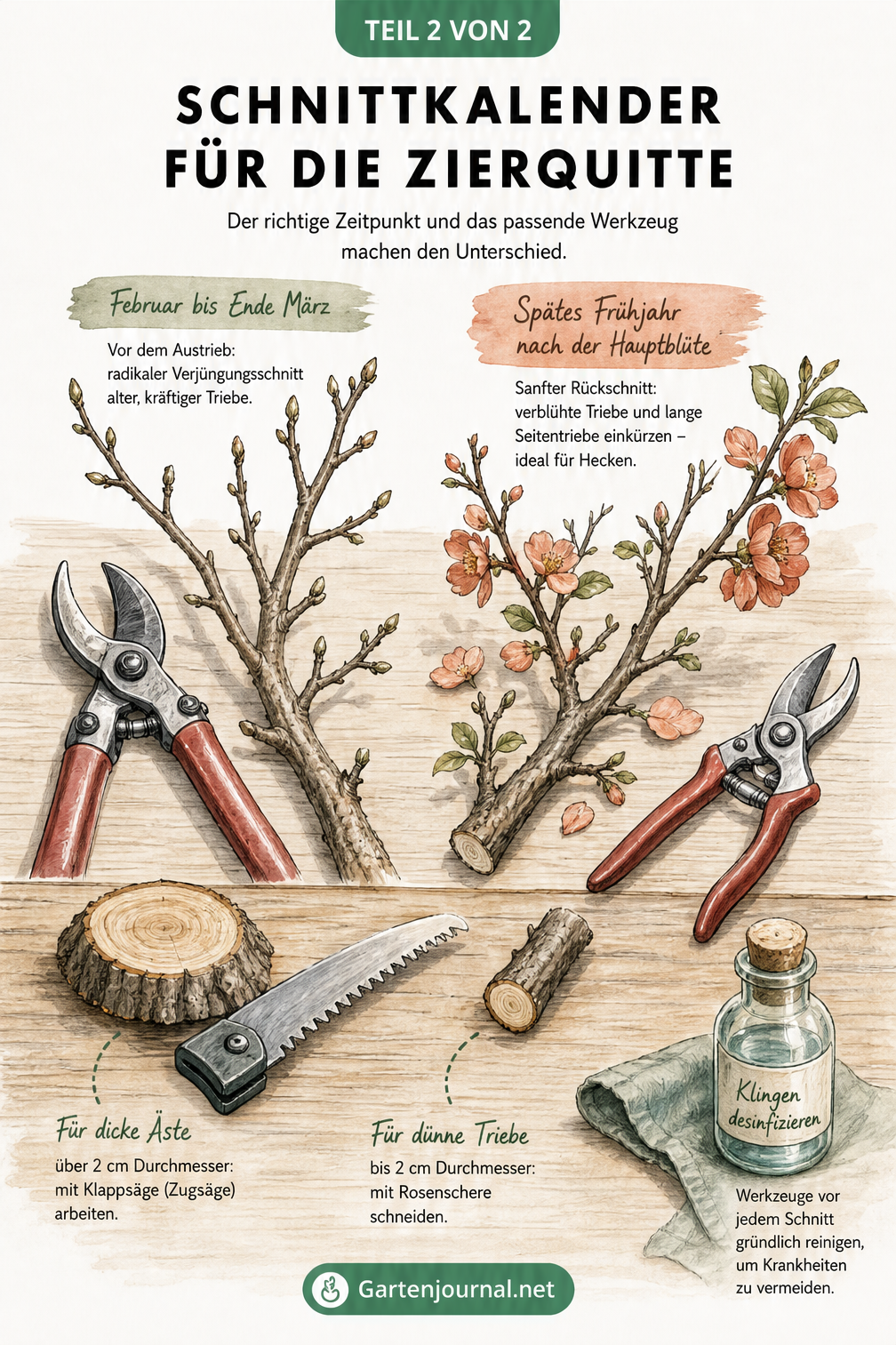 Illustration eines Gärtner-Arbeitsplatzes mit Zweigen in verschiedenen Jahreszeiten, Rosenschere und Klappsäge zur Erklärung des Schnittkalenders für...