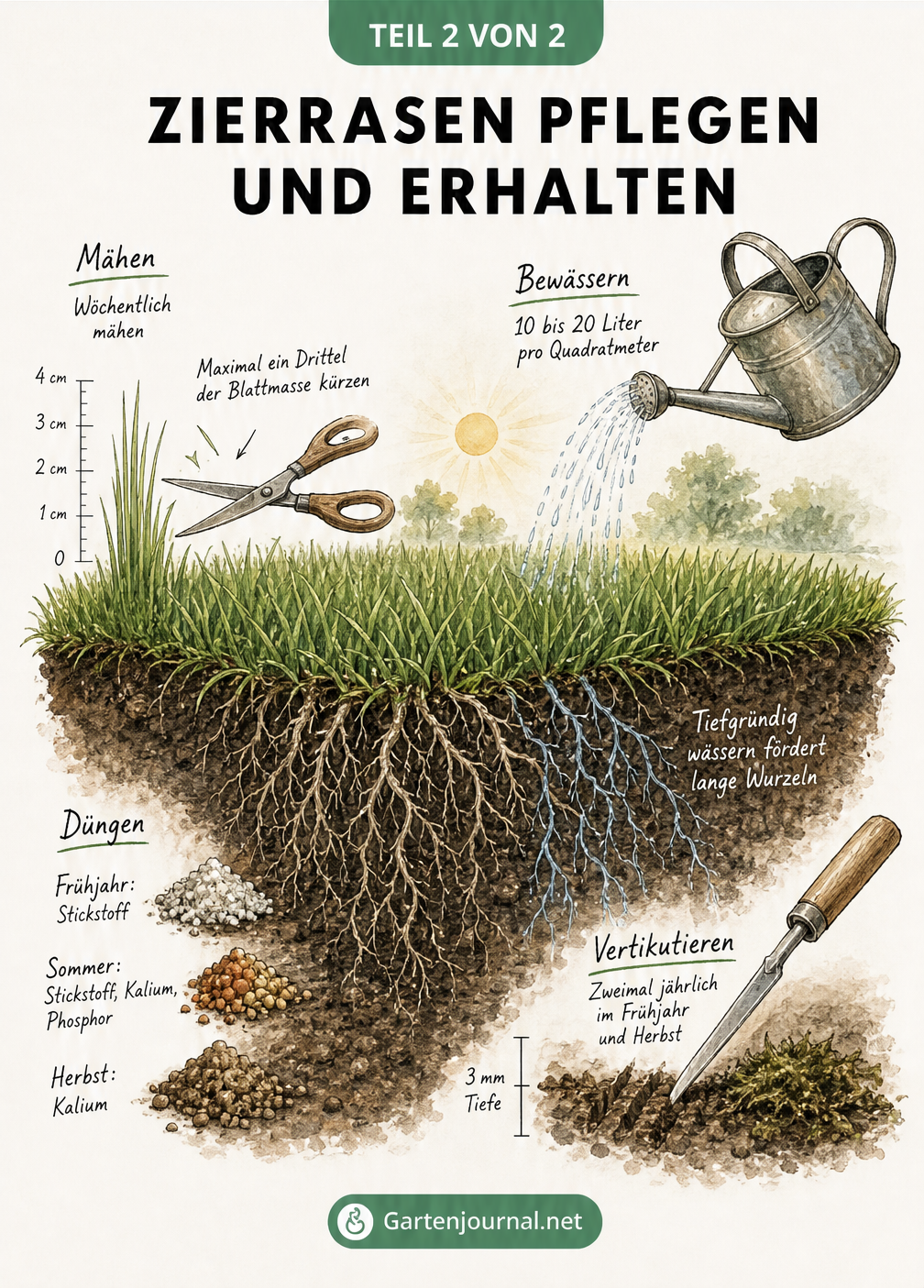 Querschnitt eines Rasenstücks mit Illustrationen zu Mähen, Bewässern, Düngen und Vertikutieren