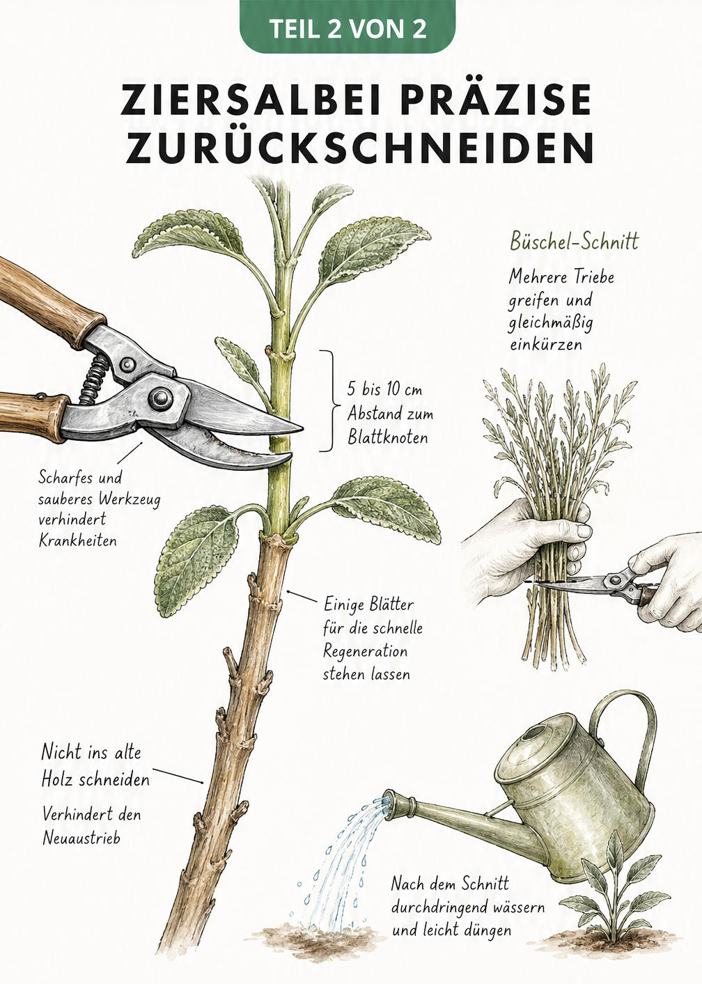 Detailzeichnung eines Ziersalbei-Triebes mit Gartenschere, die den exakten Schnittpunkt über einem Blattknoten zeigt