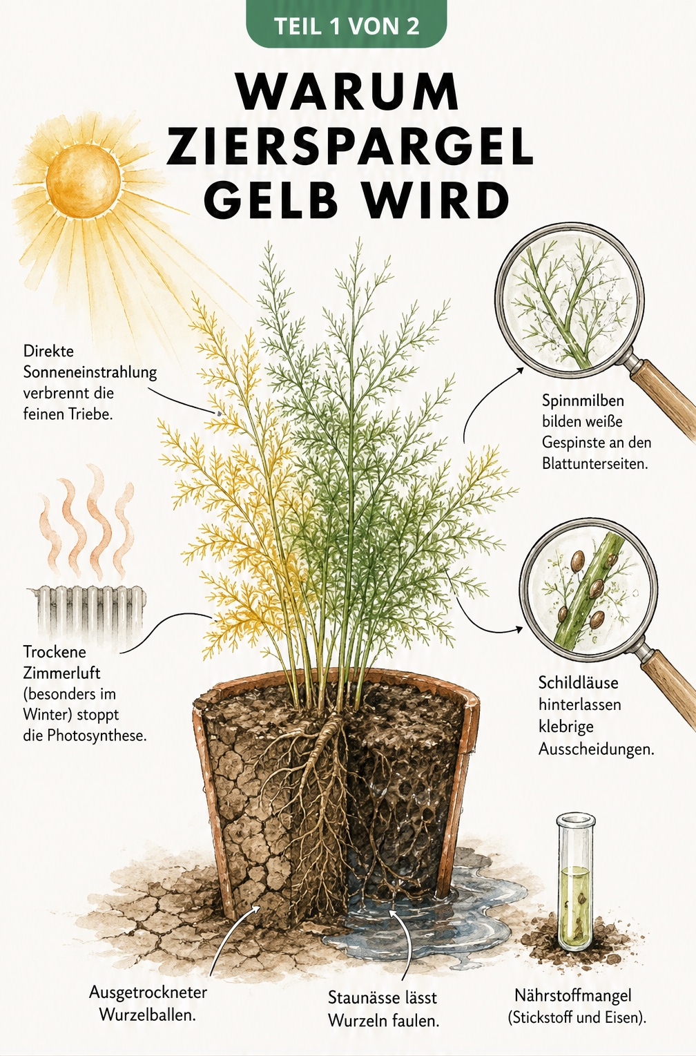 Botanische Illustration eines Zierspargels im Querschnitt, die Ursachen für gelbe Blätter wie direkte Sonne, trockene Luft, Spinnmilben, Schildläuse, Staunässe...