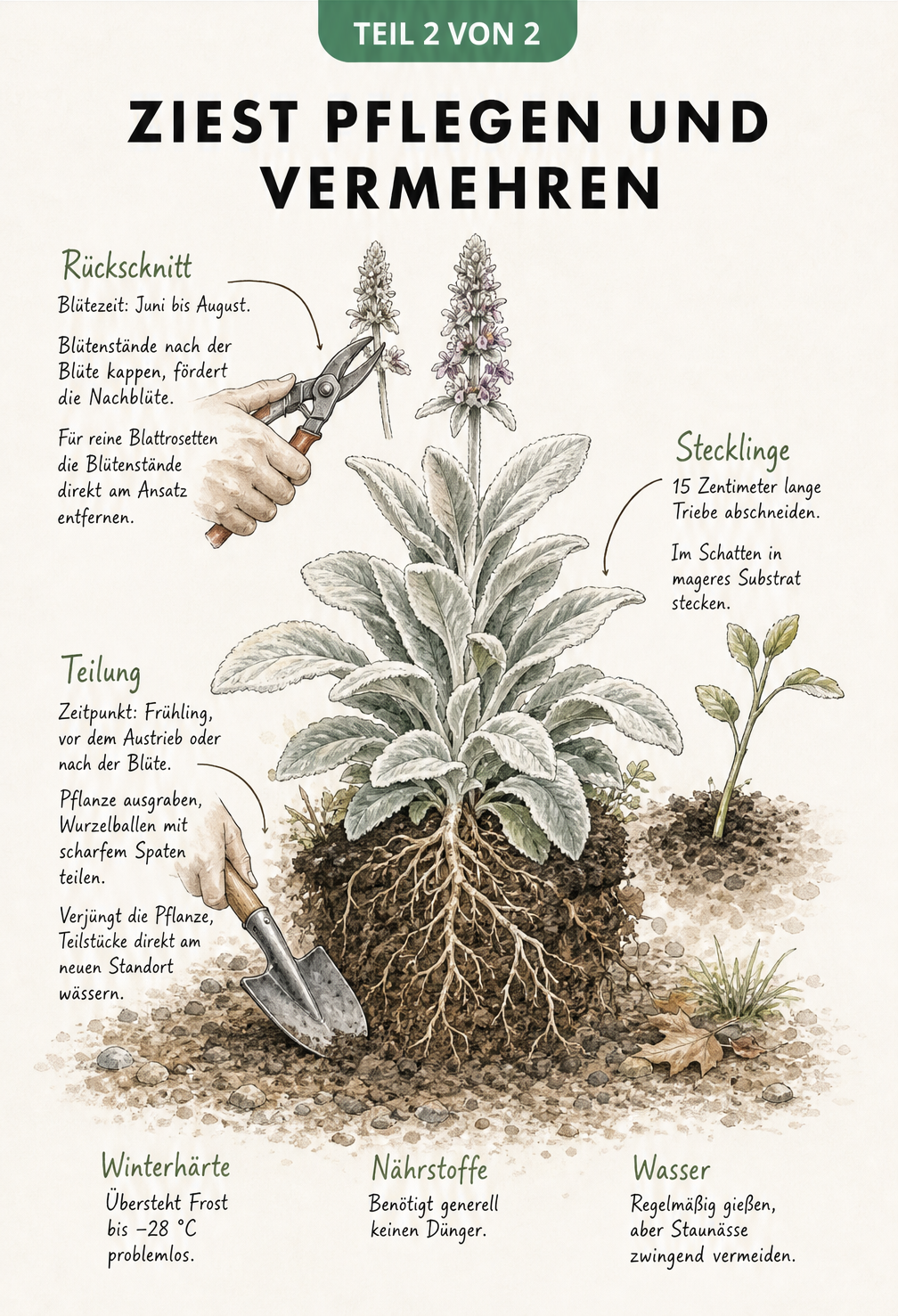 Botanische Zeichnung zur Pflege und Vermehrung von Ziest, die den Rückschnitt der Blüten, die Teilung des Wurzelballens und die Stecklingsvermehrung zeigt.