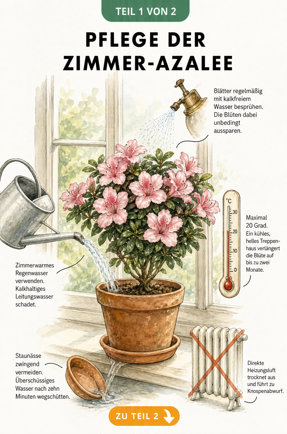 Illustration einer blühenden Zimmer-Azalee auf einer Fensterbank mit Hinweisen zu Gießen, Temperatur und Luftfeuchtigkeit