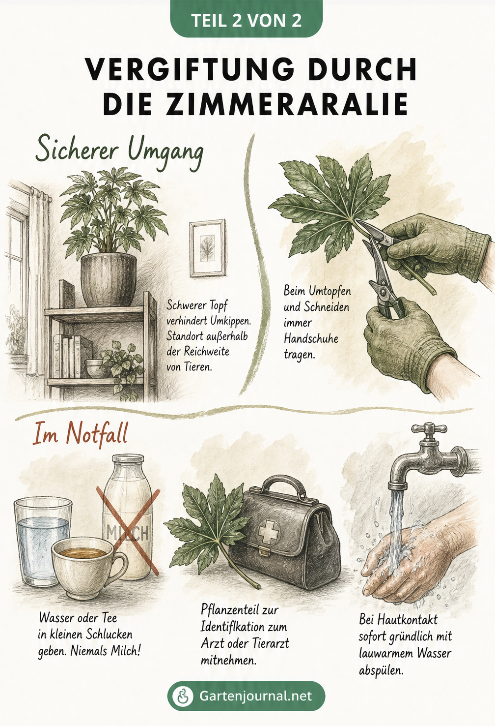 Illustration zum sicheren Umgang mit der Zimmeraralie und Erste-Hilfe-Maßnahmen bei Vergiftung