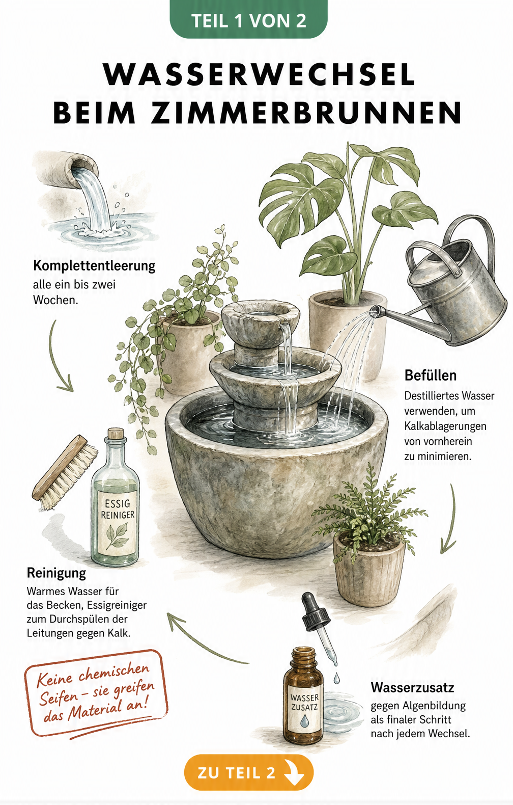 Illustration eines Zimmerbrunnens mit Pflegehinweisen zu Wasserwechsel, Reinigung mit Essigreiniger und Nutzung von destilliertem Wasser