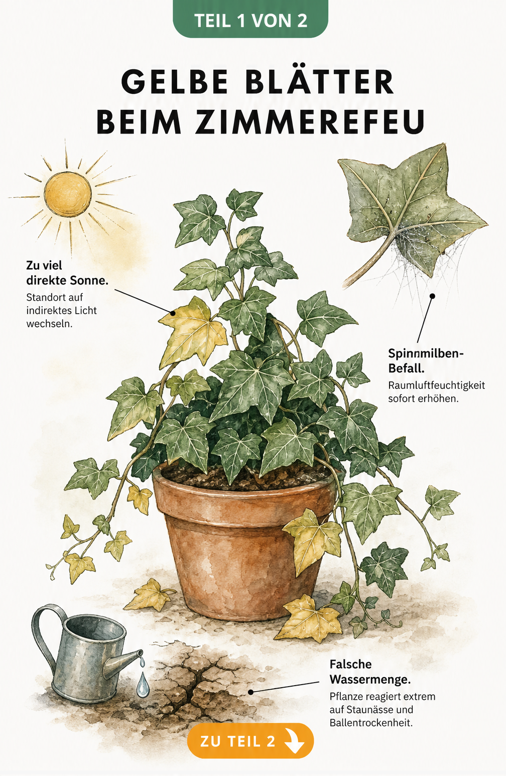 Botanische Illustration eines Zimmerefeus mit gelben Blättern, die auf Pflegefehler wie zu viel Sonne, Spinnmilben und falsches Gießen hinweisen.