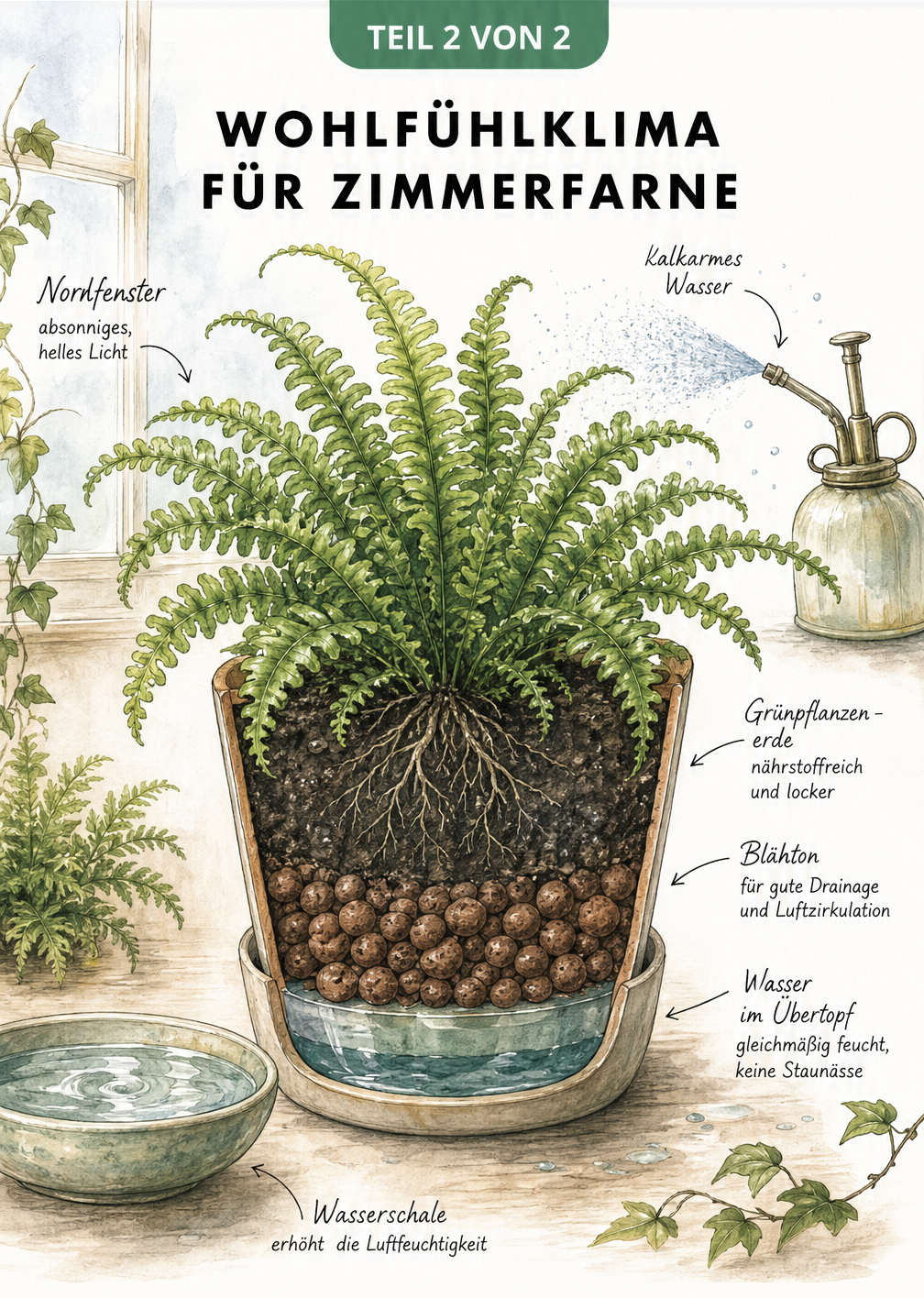 Querschnitt eines Blumentopfs mit Farn, der den idealen Schichtaufbau aus Blähton und Erde zeigt
