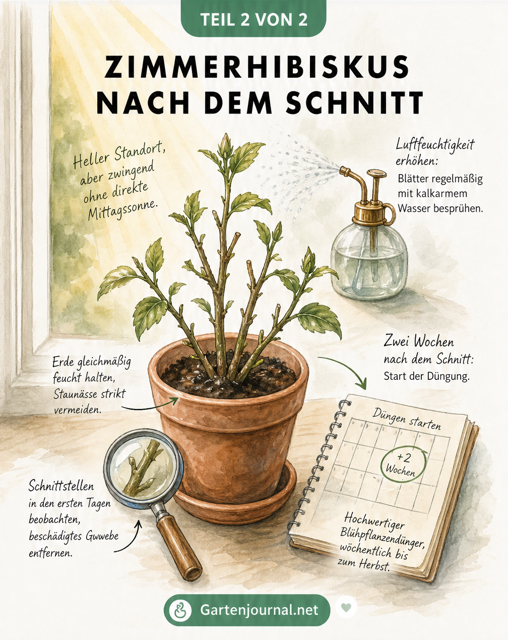 Illustration eines frisch geschnittenen Zimmerhibiskus im Terrakottatopf auf einer Fensterbank mit Hinweisen zu Licht, Wasser und Dünger.