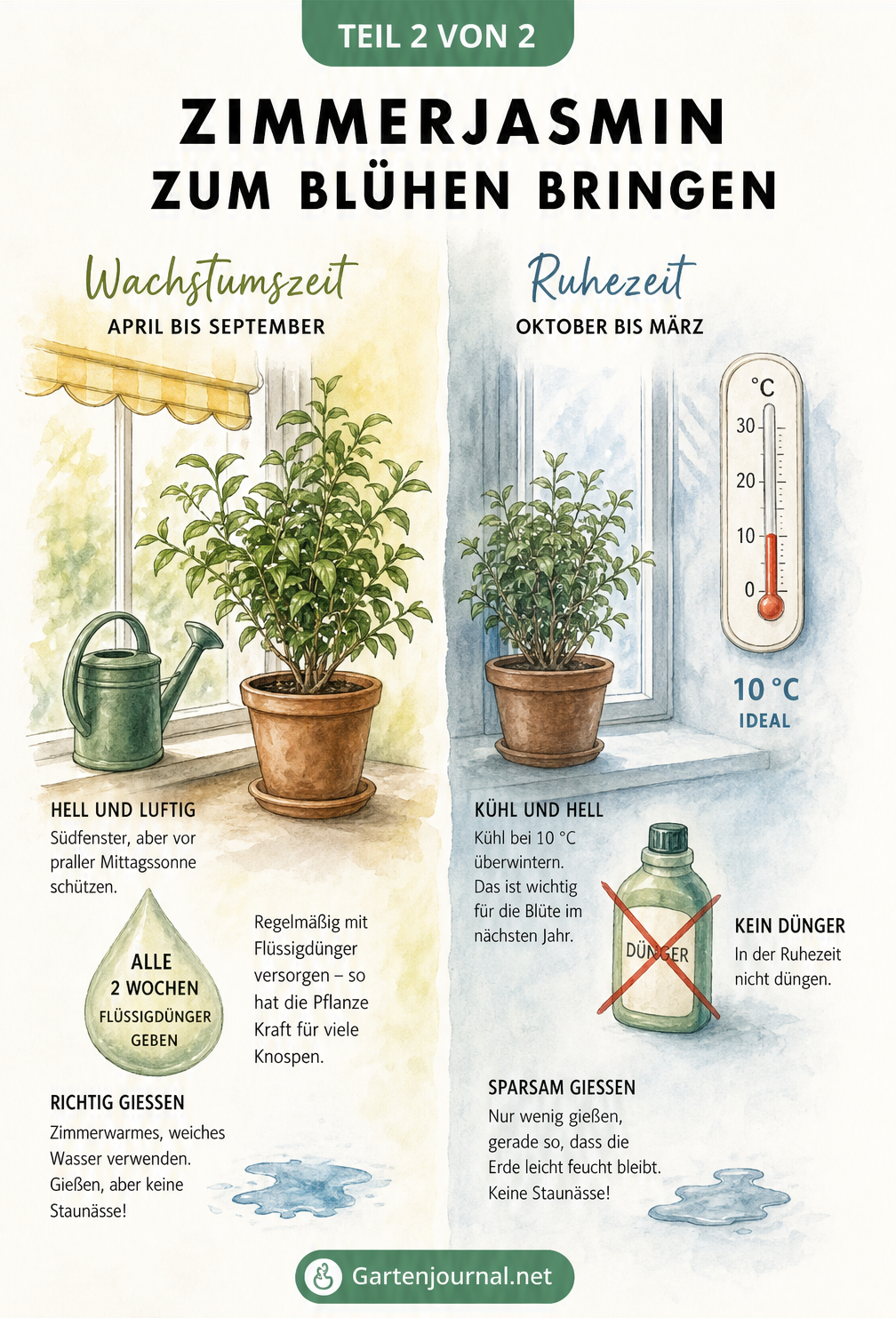 Zweigeteilte Illustration zur Jasminpflege: Sommer mit Sonne, Wasser und Dünger, Winter mit 10 Grad und Dünge-Stopp