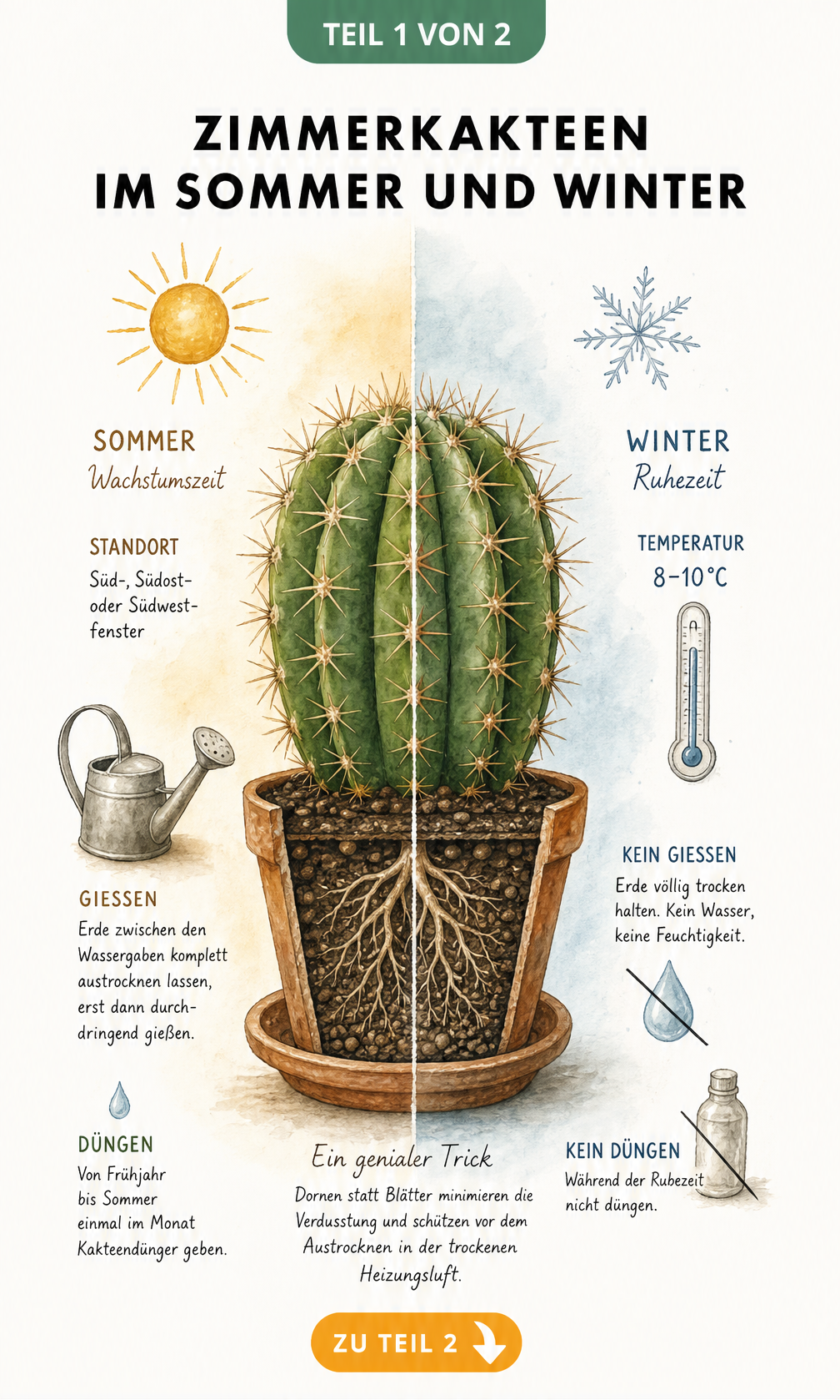 Illustration eines Kaktus im Querschnitt, die den idealen Standort, das Gießverhalten und die Überwinterung bei 8 bis 10 Grad zeigt