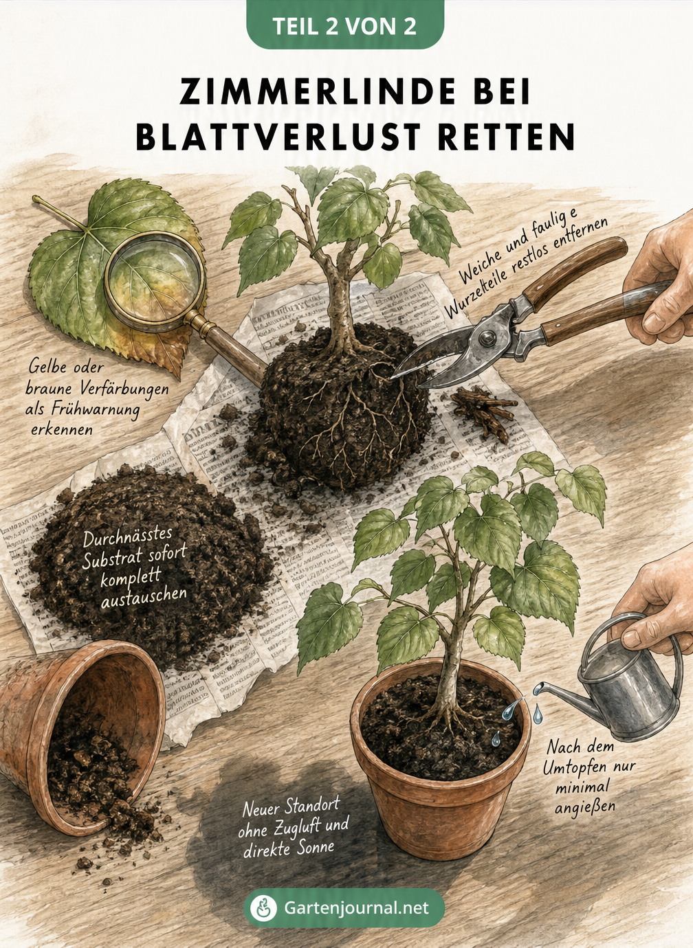 Illustration eines Pflanztisches mit Schritten zur Rettung einer Zimmerlinde: Wurzeln schneiden, Erde austauschen und umtopfen.
