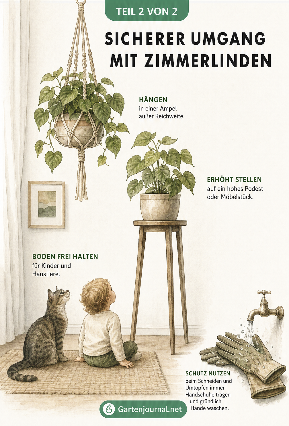 Wohnzimmer mit Zimmerlinden in einer Hängeampel und auf einem hohen Podest, außer Reichweite von Kind und Katze, sowie Gartenhandschuhe am Waschbecken