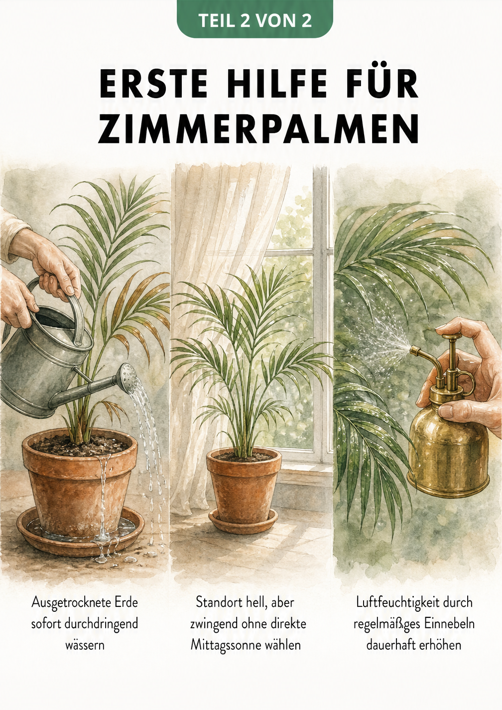 Aquarell-Illustration zur Ersten Hilfe bei Zimmerpalmen: Durchdringendes Gießen, heller Standort ohne direkte Mittagssonne und Erhöhung der Luftfeuchtigkeit...