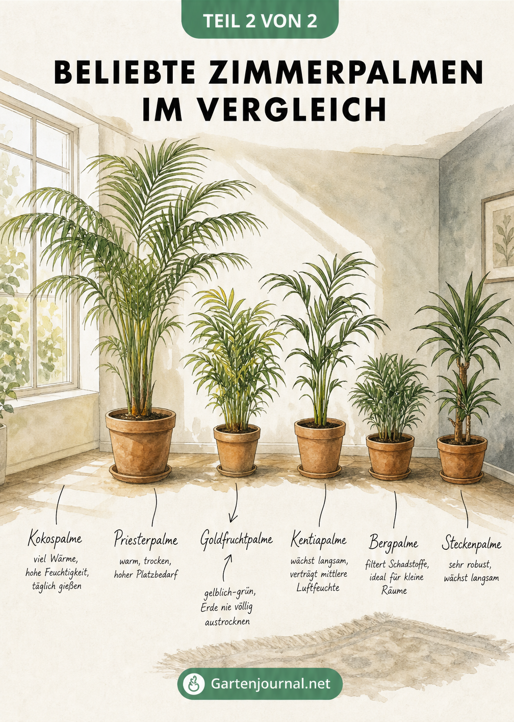 Illustration verschiedener Zimmerpalmen im Raum, von sonnigen bis schattigen Standorten