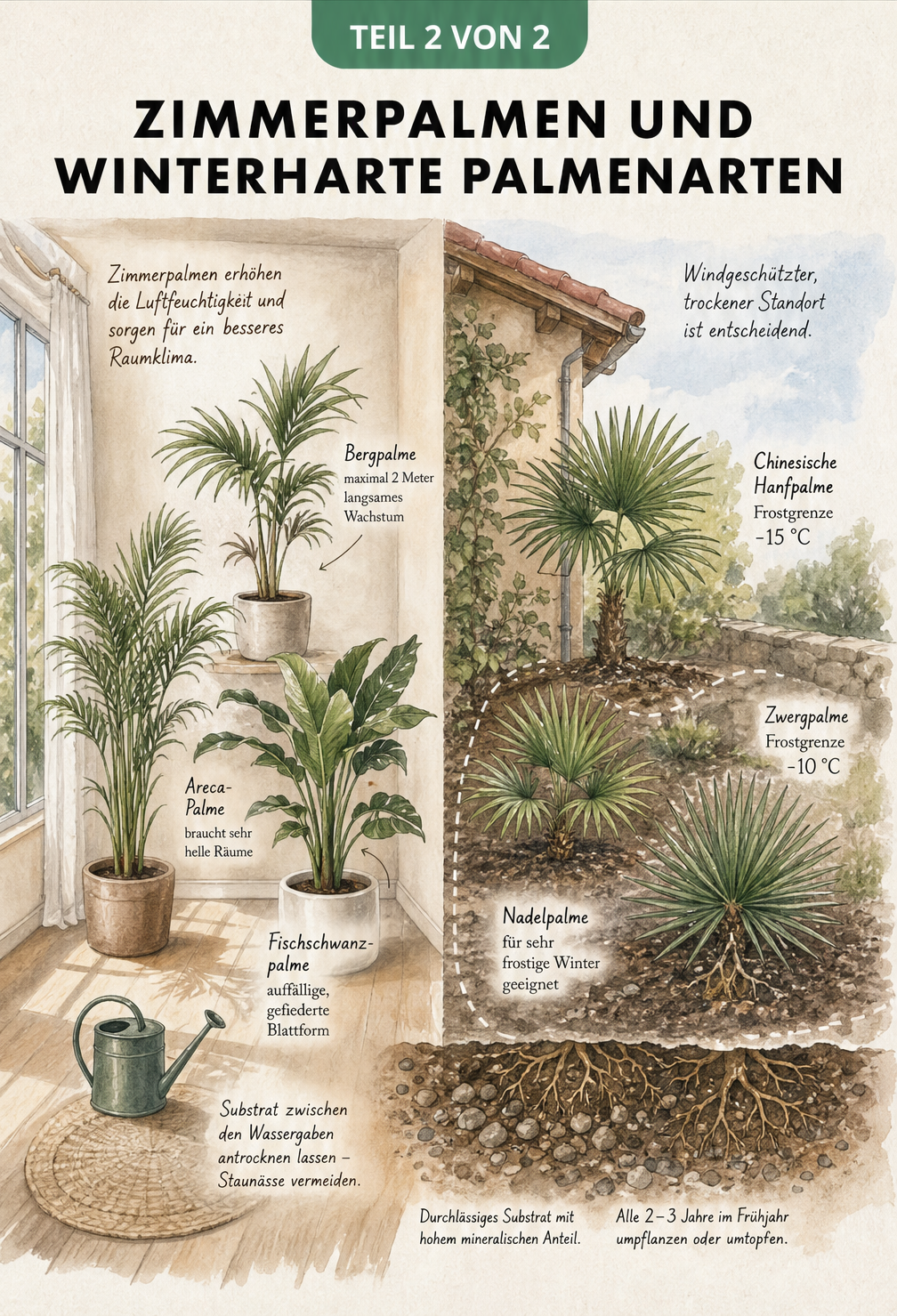 Aquarell-Querschnitt eines Hauses mit Garten, der Zimmerpalmen wie die Areca-Palme und winterharte Gartenpalmen wie die Nadelpalme zeigt