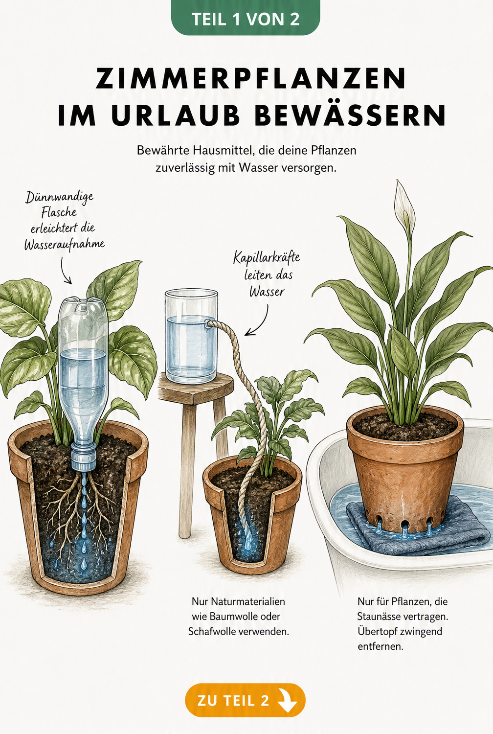 Illustration von drei Hausmitteln zur Pflanzenbewässerung: PET-Flasche, Gießschnur und Wurzelbad in der Badewanne.