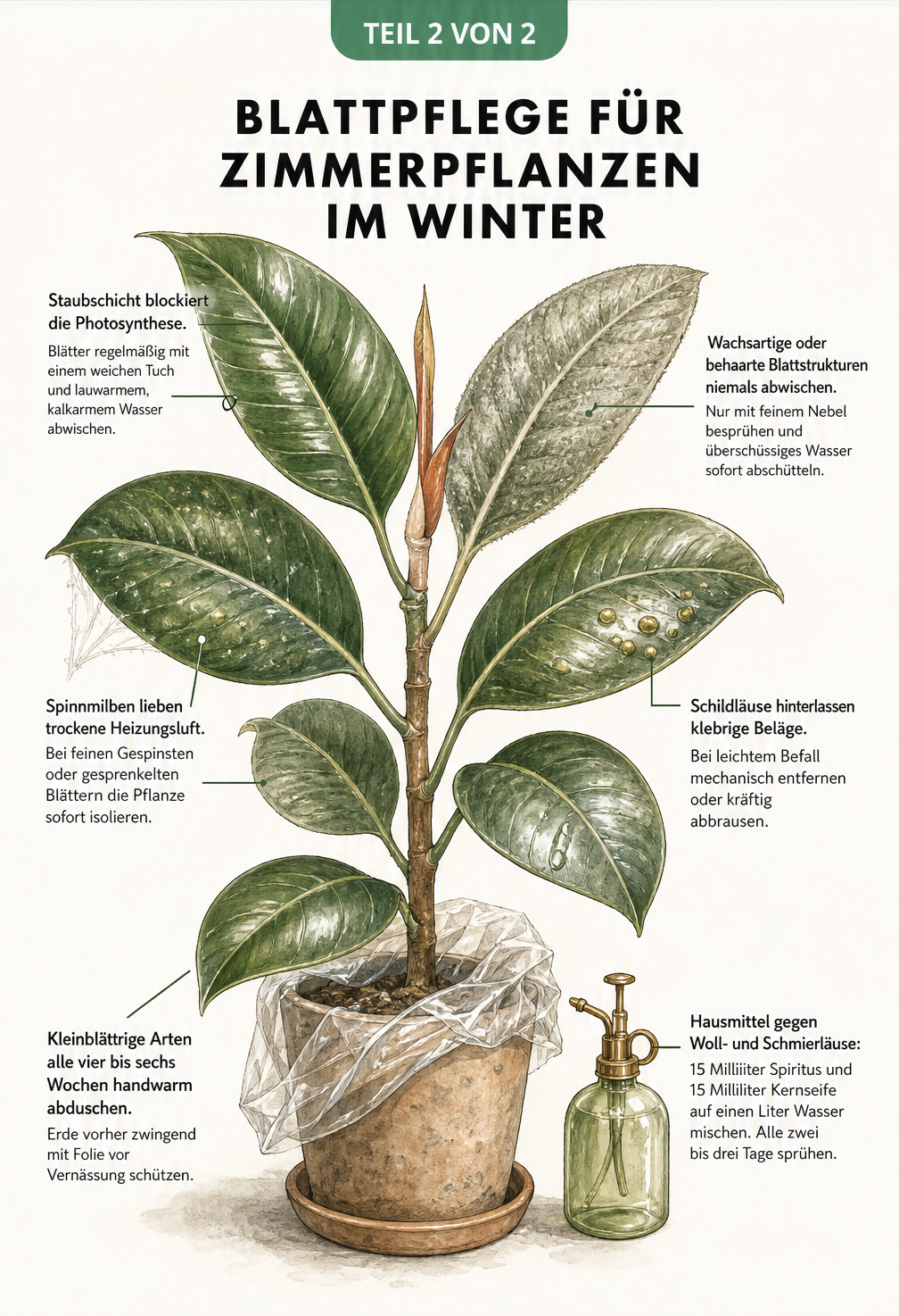 Botanische Illustration von Pflanzenblättern mit Tipps zur Blattpflege und Schädlingsbekämpfung im Winter