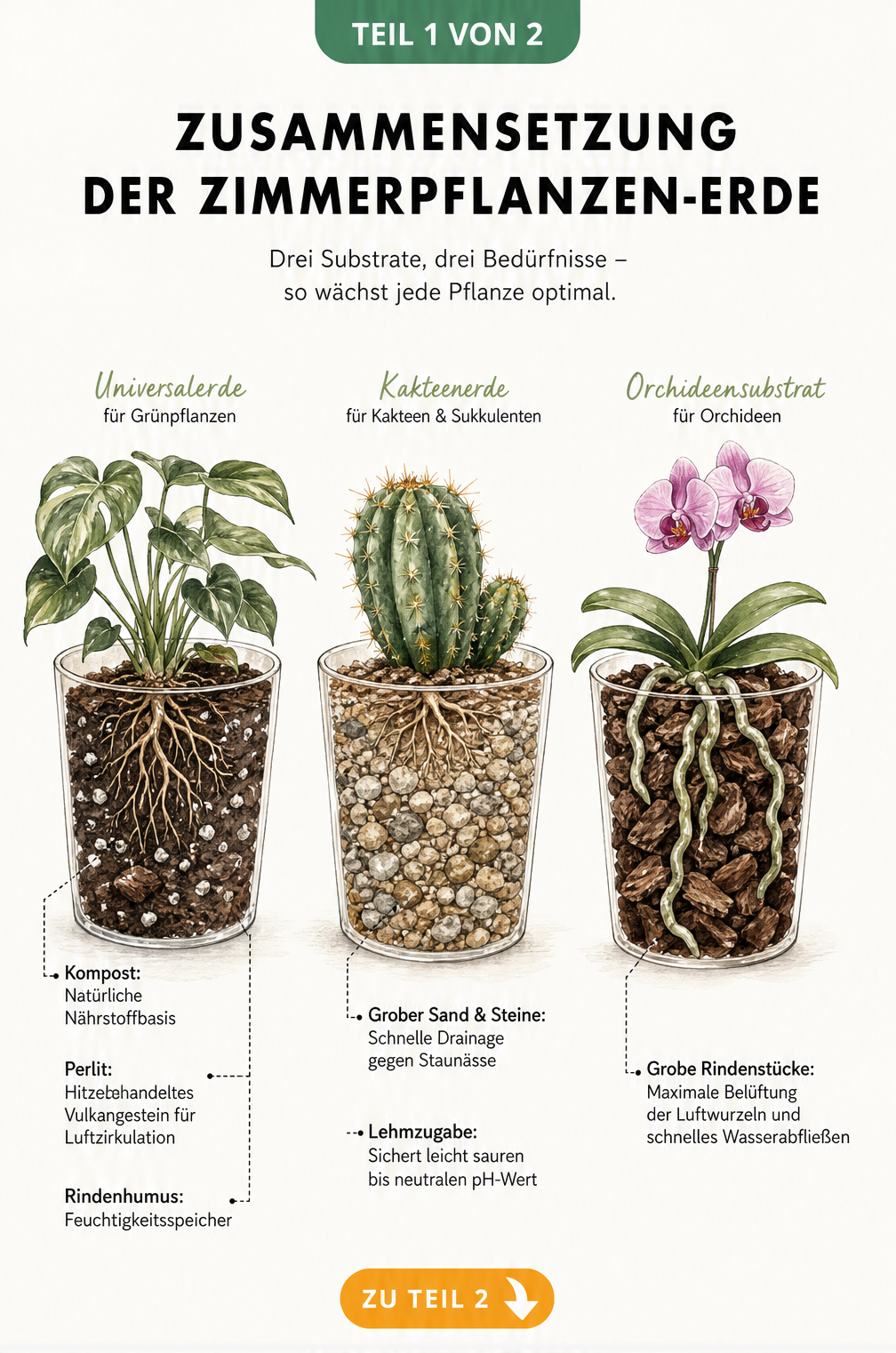 Querschnitt durch drei Pflanztöpfe mit Grünpflanze, Kaktus und Orchidee, die unterschiedliche Erdzusammensetzungen wie Kompost, Sand und Rindenstücke zeigen.