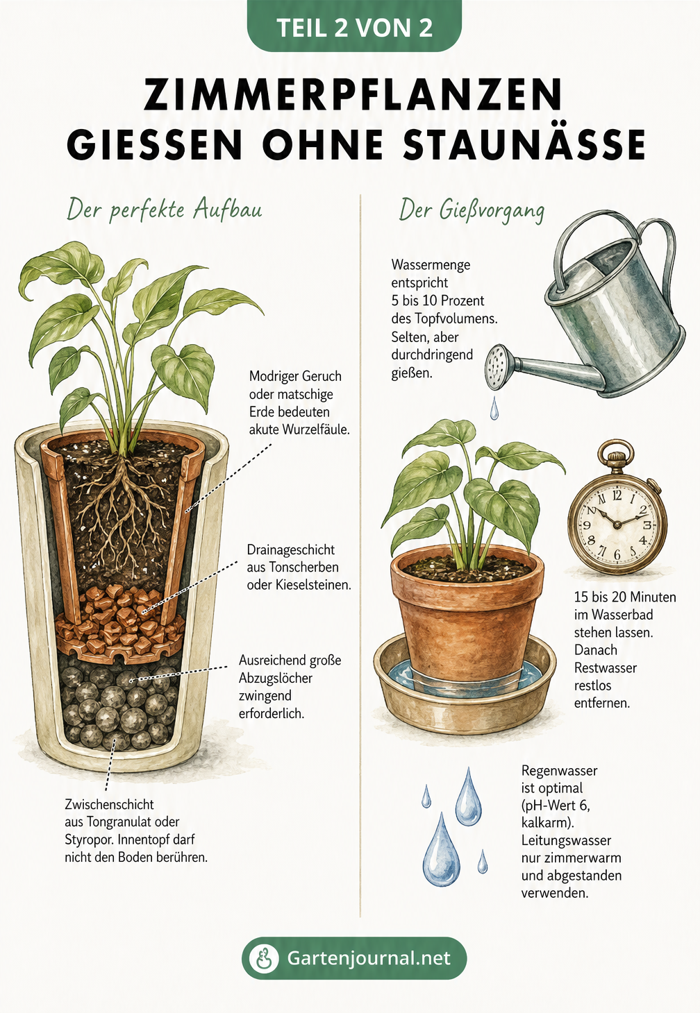 Querschnitt eines Pflanztopfes mit Drainageschicht und Illustration der Bottom-Watering-Methode zur Vermeidung von Staunässe.
