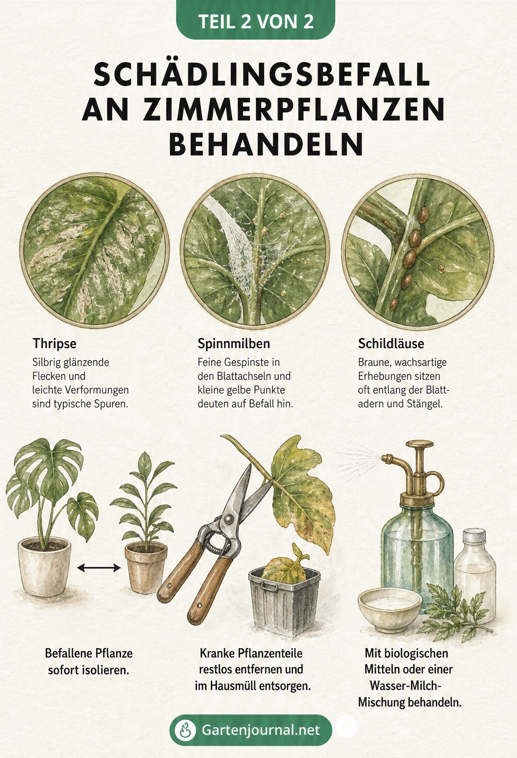 Illustration von Schädlingen wie Thripsen, Spinnmilben und Schildläusen auf Blättern sowie drei Handlungsschritten zur Behandlung: Isolieren, Abschneiden und...