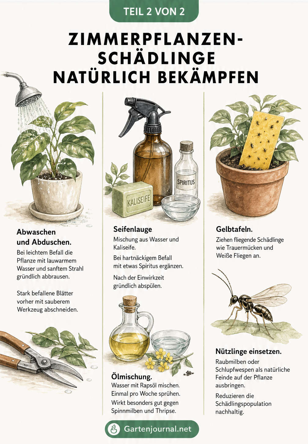 Illustration eines Pflanztisches mit Methoden zur natürlichen Schädlingsbekämpfung: Pflanze abduschen, Sprühflasche mit Hausmitteln und Gelbtafeln mit...