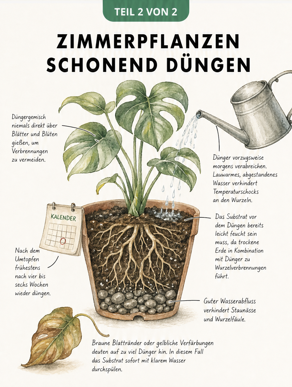 Querschnitt-Illustration einer getopften Zimmerpflanze mit Gießkanne, die Tipps zum schonenden Düngen und zur Vermeidung von Wurzelverbrennungen zeigt.