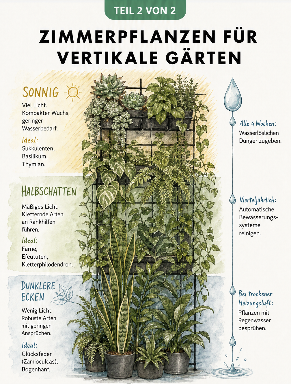 Botanische Illustration eines vertikalen Pflanzgitters, unterteilt in Lichtzonen für Sukkulenten, kletternde Arten und robuste Pflanzen wie Bogenhanf.
