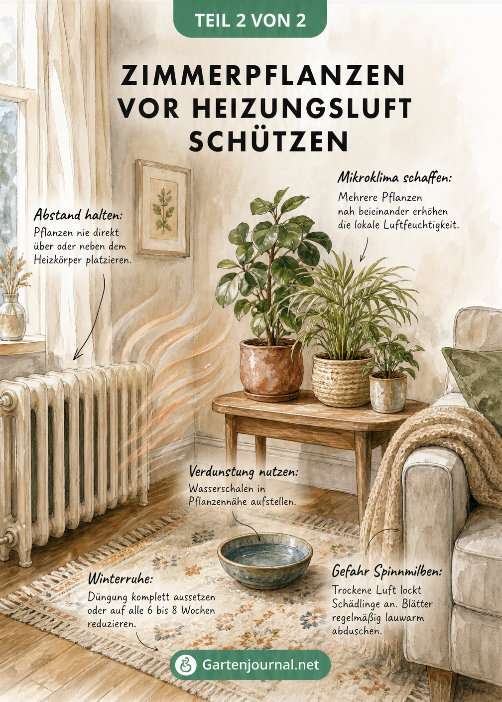 Aquarell-Skizze eines Wohnzimmers mit Heizkörper und Zimmerpflanzen auf einem Beistelltisch, die Tipps zum Schutz vor Heizungsluft zeigt