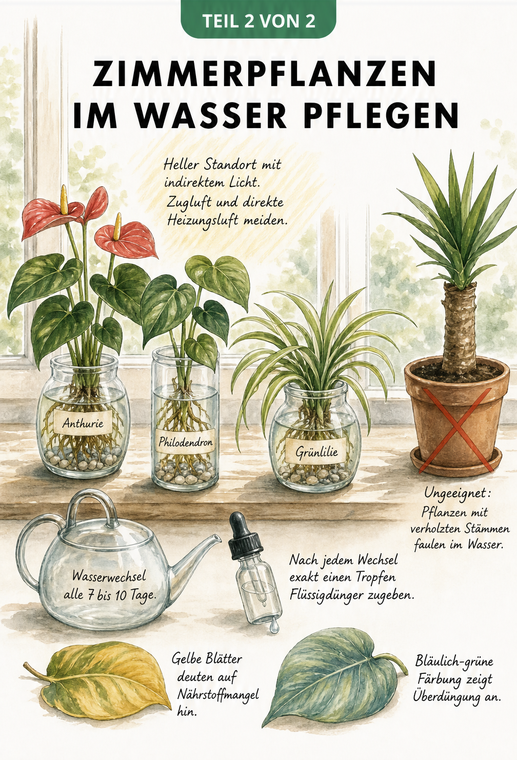 Illustrierte Fensterbank mit Anthurie, Philodendron und Grünlilie in Wassergläsern, inklusive Tipps zu Licht, Wasserwechsel und Dünger.