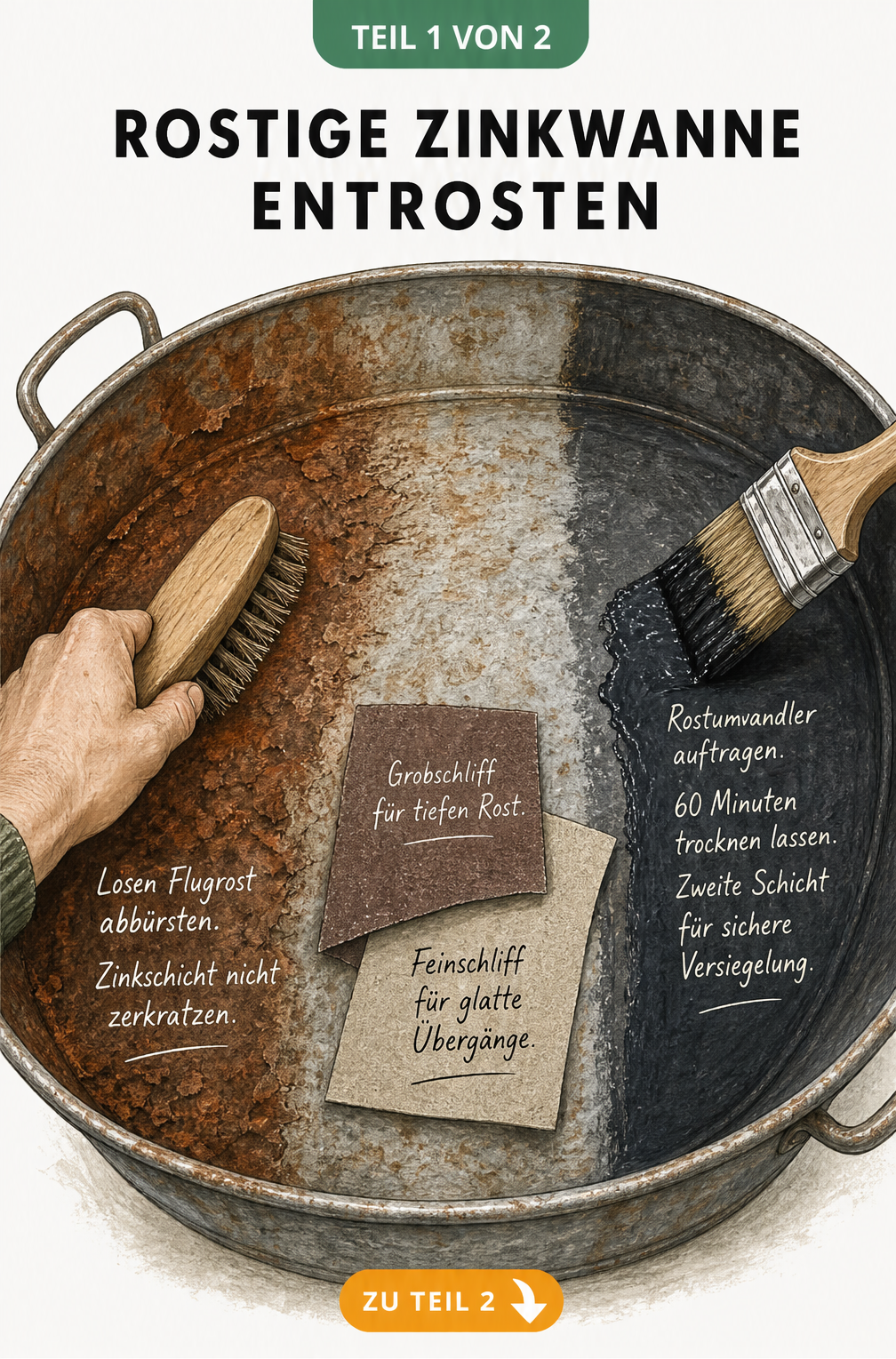 Illustration einer rostigen Zinkwanne, die mit Drahtbürste, Schmirgelpapier und Rostumwandler behandelt wird.