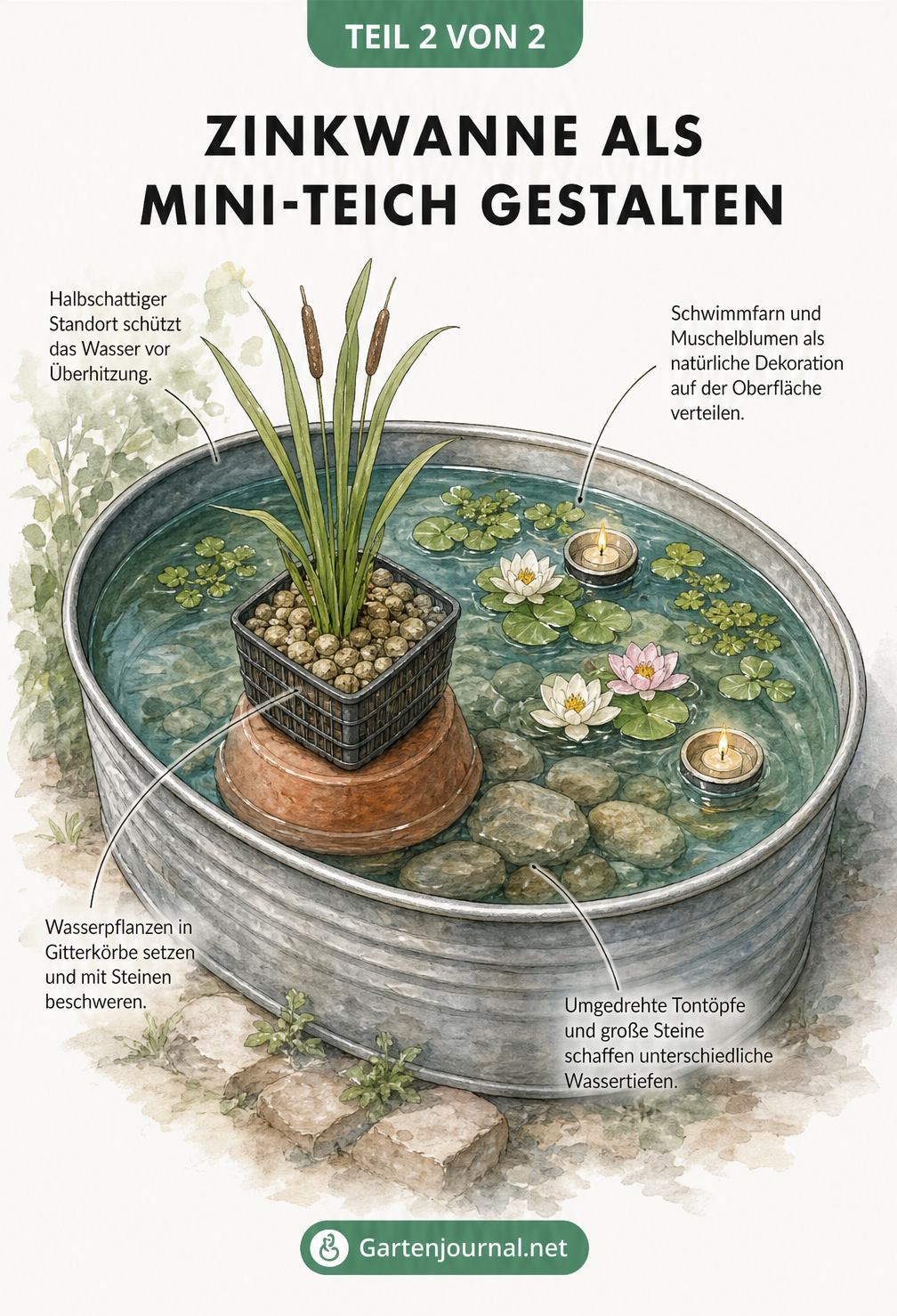 Illustration einer Zinkwanne als Mini-Teich mit Wasserpflanzen, Steinen und Schwimmkerzen