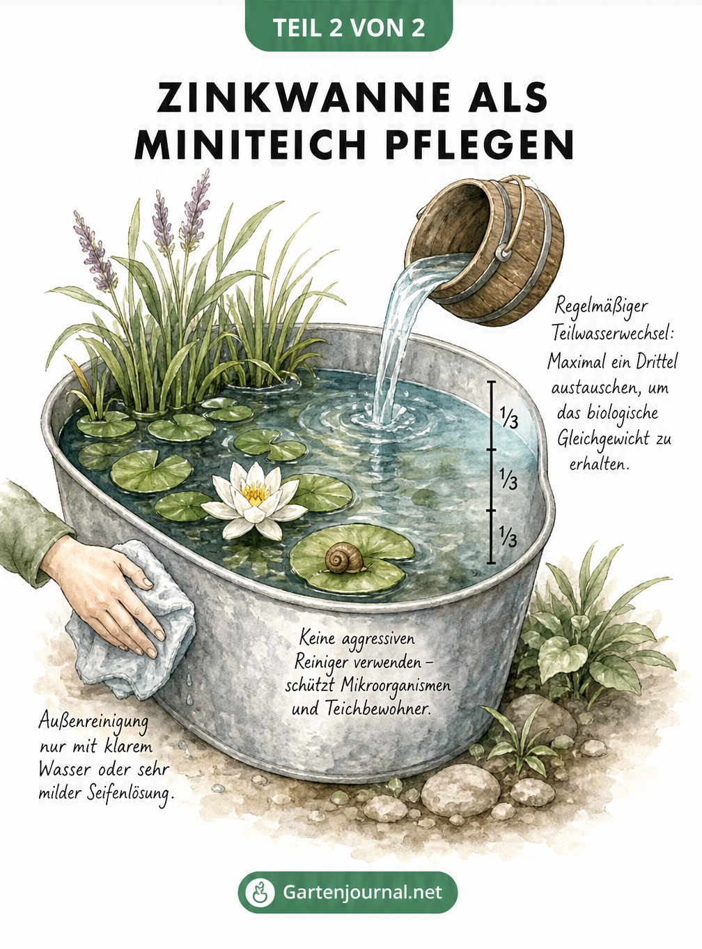 Illustration einer bepflanzten Zinkwanne als Miniteich mit Seerosen, Schilf und einer Messlinie für den Wasserwechsel