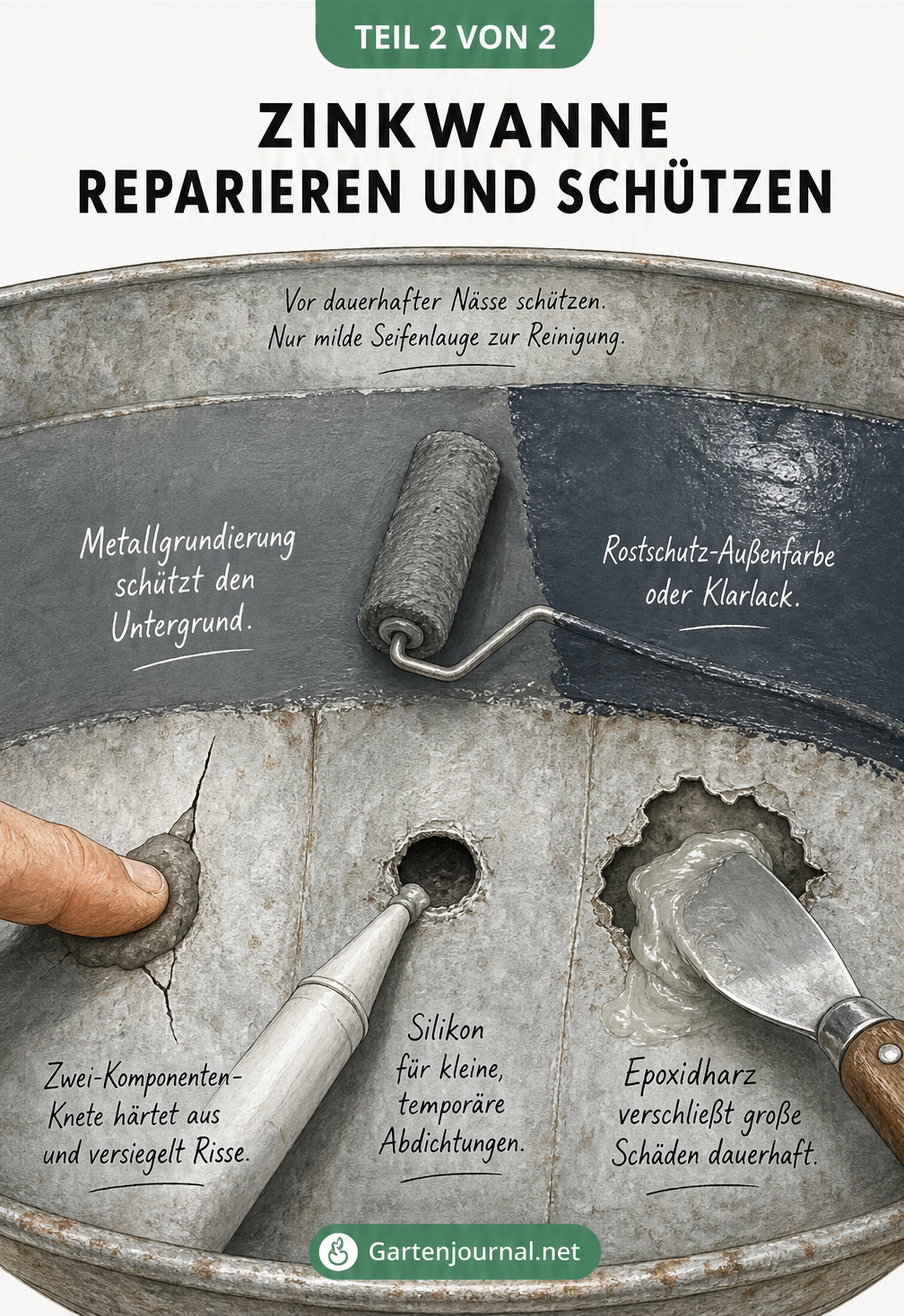 Nahaufnahme einer Zinkwanne, die mit Knete, Silikon und Epoxidharz repariert und anschließend grundiert und lackiert wird.