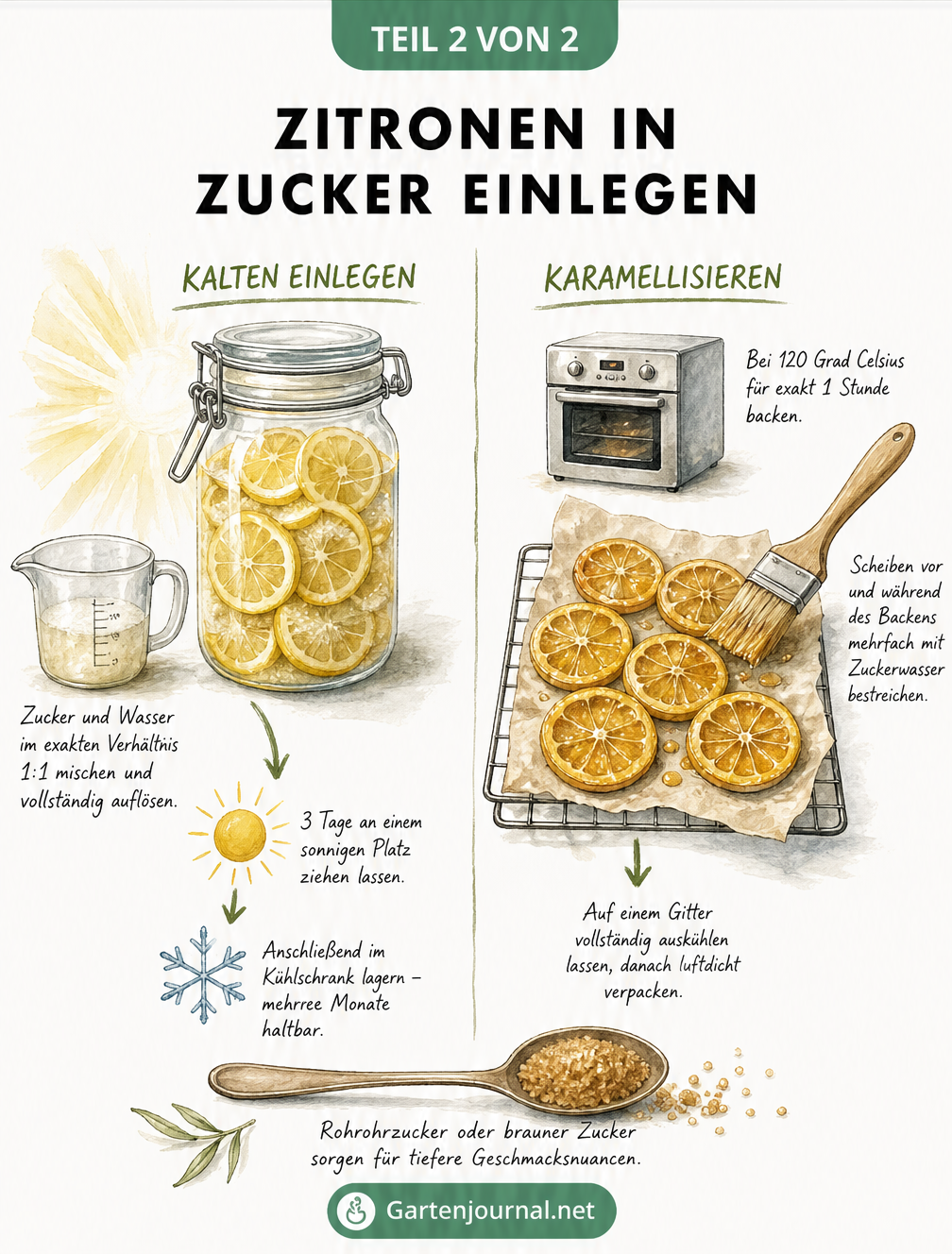 Illustration zweier Methoden zum Einlegen von Zitronen in Zucker: Kaltes Einlegen im Glas und Karamellisieren im Ofen.