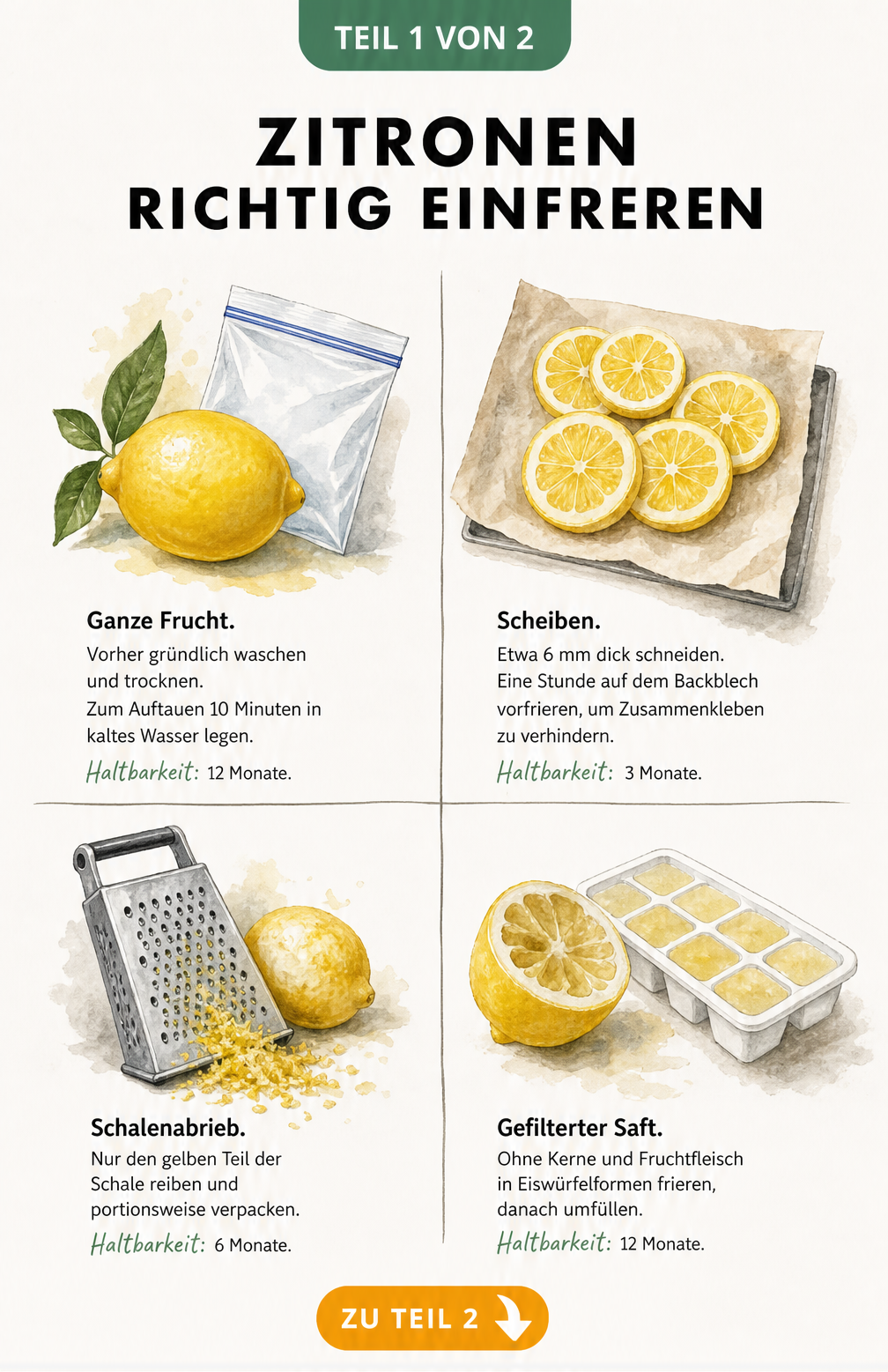 Illustration von vier Methoden zum Einfrieren von Zitronen: ganze Frucht, Scheiben, Schalenabrieb und gefilterter Saft