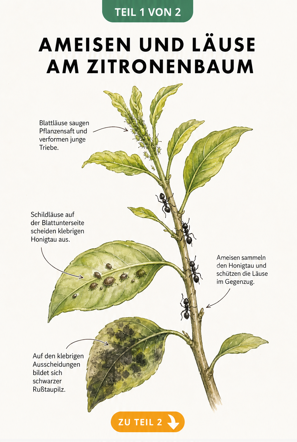 Botanische Illustration eines Zitronenbaumzweigs mit Blattläusen, Schildläusen, Ameisen und Rußtaupilz