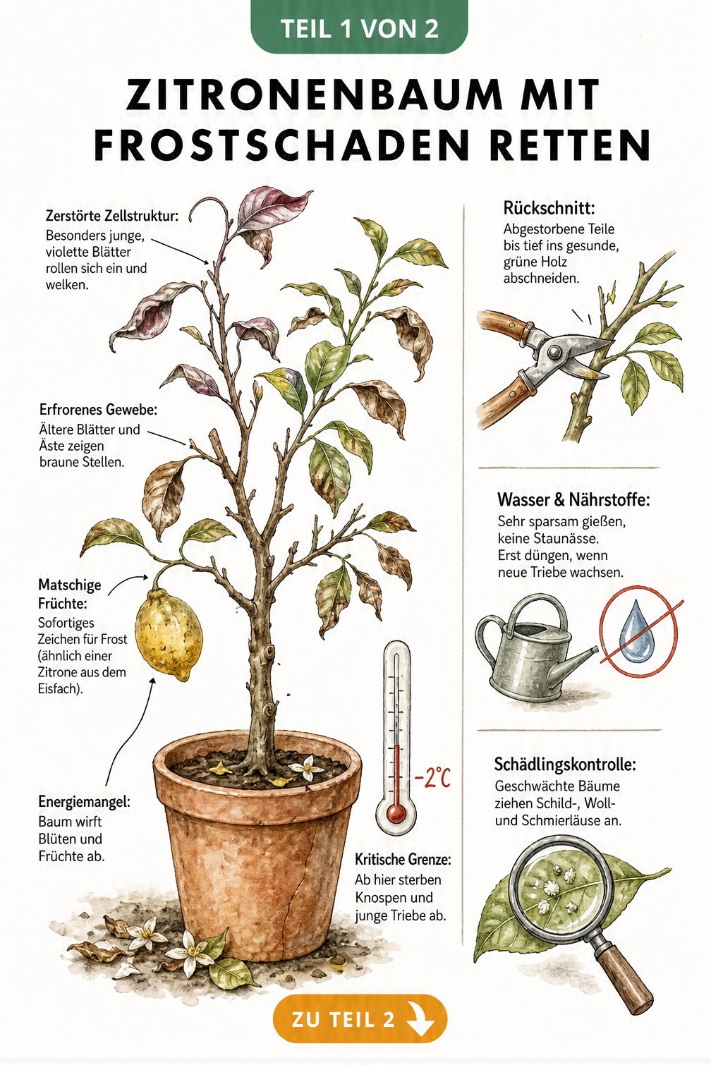 Illustration eines Zitronenbaums mit Frostschäden und Maßnahmen zur Rettung wie Rückschnitt und sparsames Gießen
