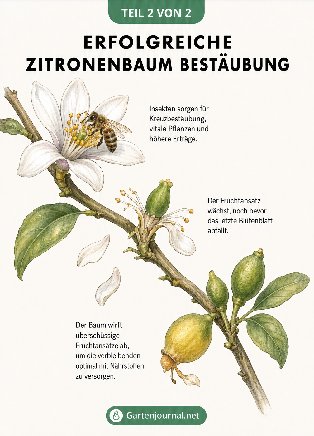 Illustration eines Zitronenzweigs, der die Entwicklung von der Blüte bis zum Fruchtansatz zeigt