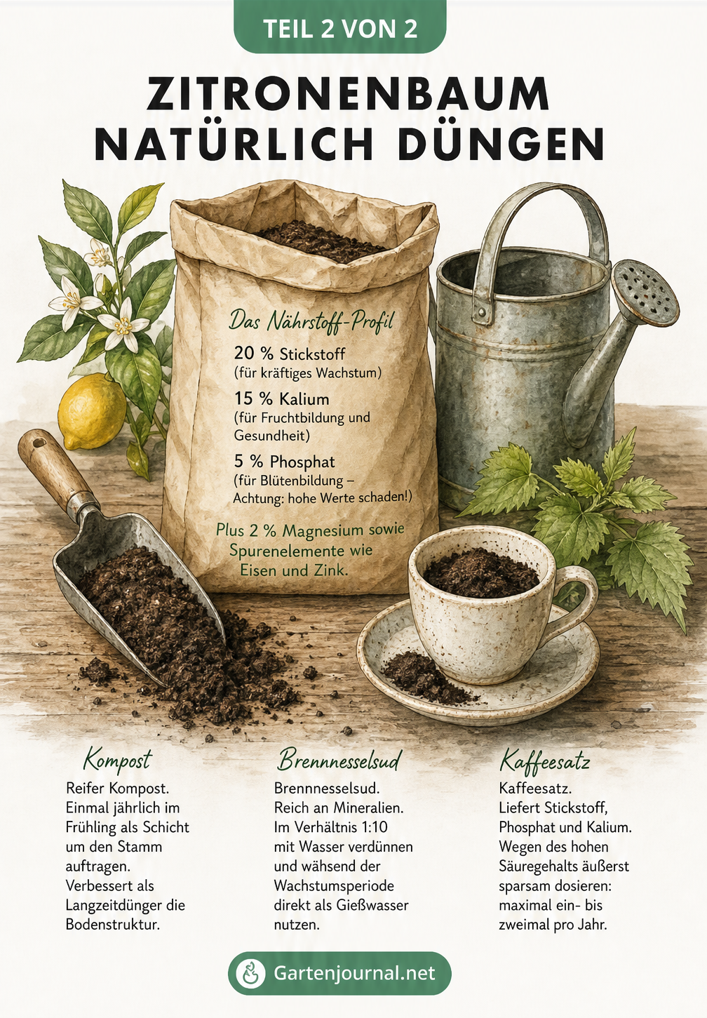Illustration eines Pflanztisches mit Düngersack, Komposterde, Brennnesselsud und Kaffeesatz als natürliche Dünger für Zitronenbäume
