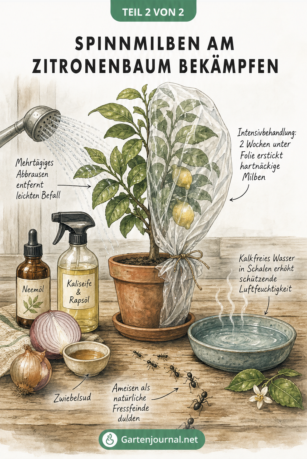 Illustration zur Bekämpfung von Spinnmilben am Zitronenbaum mit Gießbrause, Folie, Neemöl und Zwiebelsud