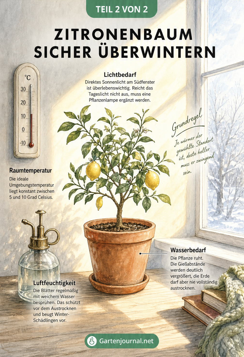 Illustration eines Zitronenbaums an einem hellen Südfenster im Winterquartier mit Thermometer und Sprühflasche.