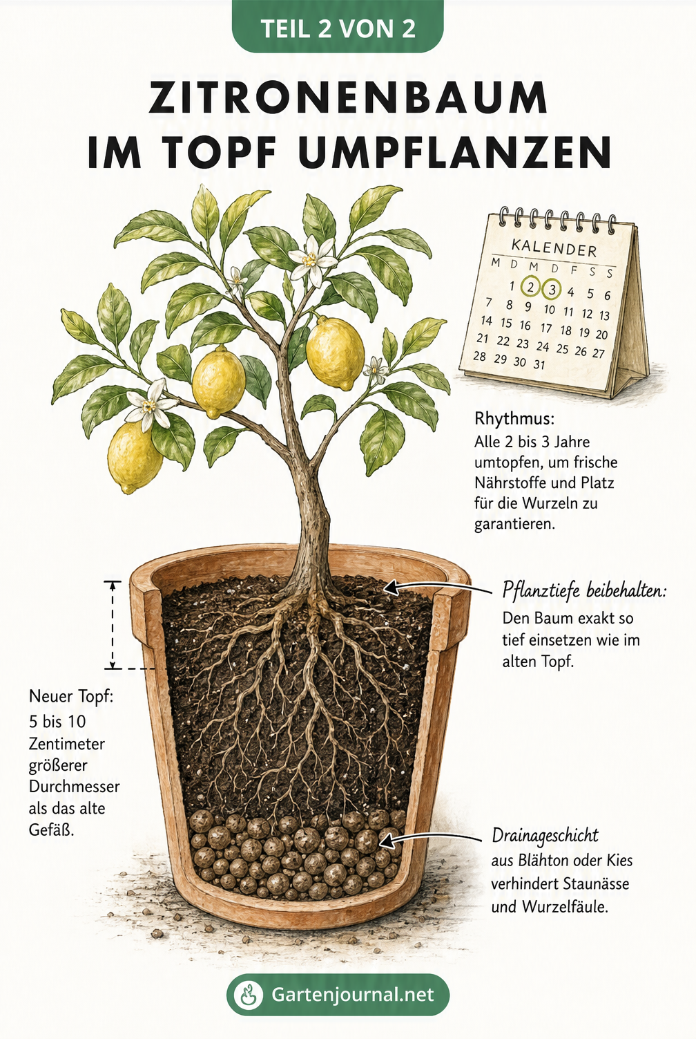 Querschnitt eines Terrakotta-Topfes mit einem Zitronenbaum, der die Drainageschicht aus Blähton und die korrekte Pflanztiefe zeigt.
