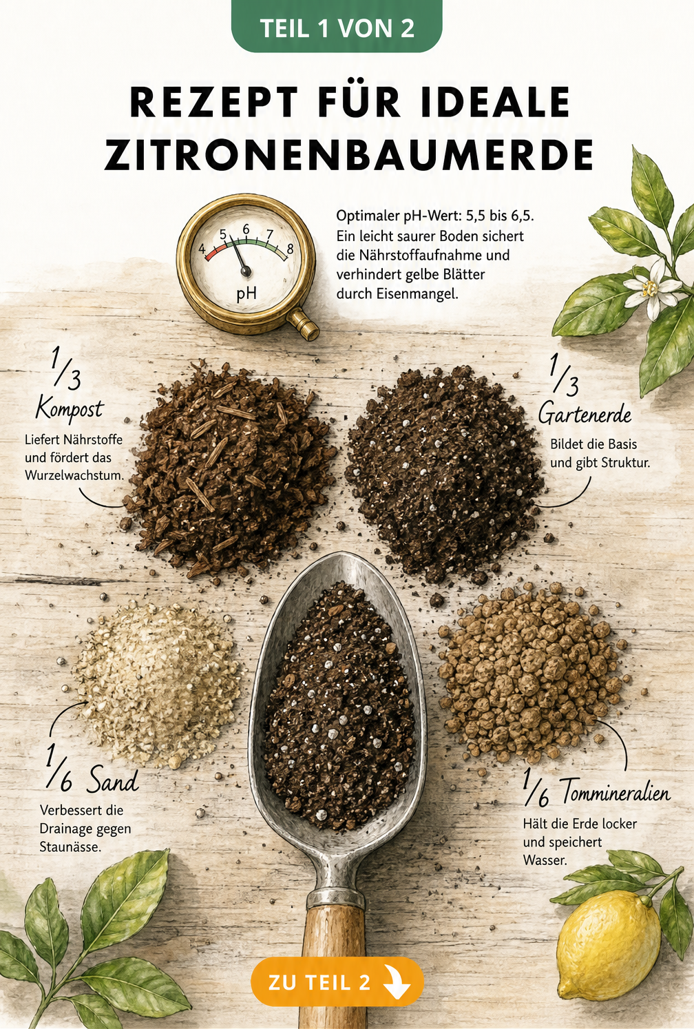 Illustration eines Pflanztisches mit den Bestandteilen für Zitronenbaumerde: Kompost, Gartenerde, Sand und Tonmineralien sowie einem pH-Wert-Messgerät.