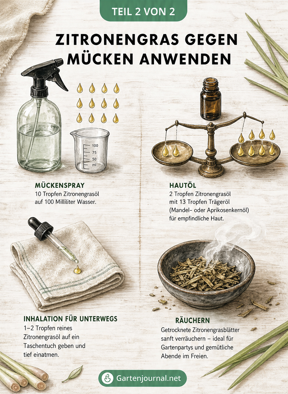 Illustration verschiedener Anwendungsmethoden von Zitronengras gegen Mücken: Mückenspray, Hautöl, Inhalation und Räuchern