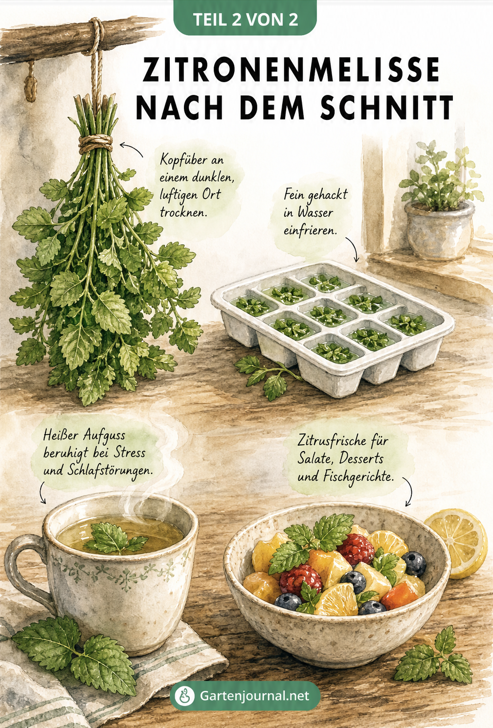 Aquarell-Illustration zur Verwendung von Zitronenmelisse: getrocknet im Bündel, eingefroren in Eiswürfeln, als Tee und im Obstsalat
