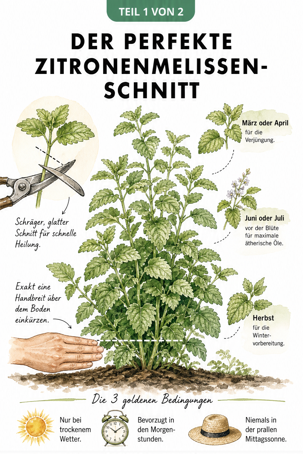 Botanische Illustration einer Zitronenmelisse mit Markierungen für den schrägen Schnitt und die Schnitthöhe von einer Handbreit über dem Boden