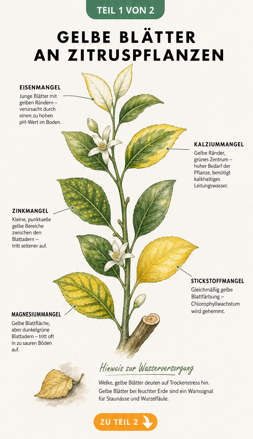 Botanische Illustration eines Zitruszweigs, die verschiedene Verfärbungsmuster an den Blättern durch Nährstoffmangel wie Eisen, Kalzium, Zink, Stickstoff und...
