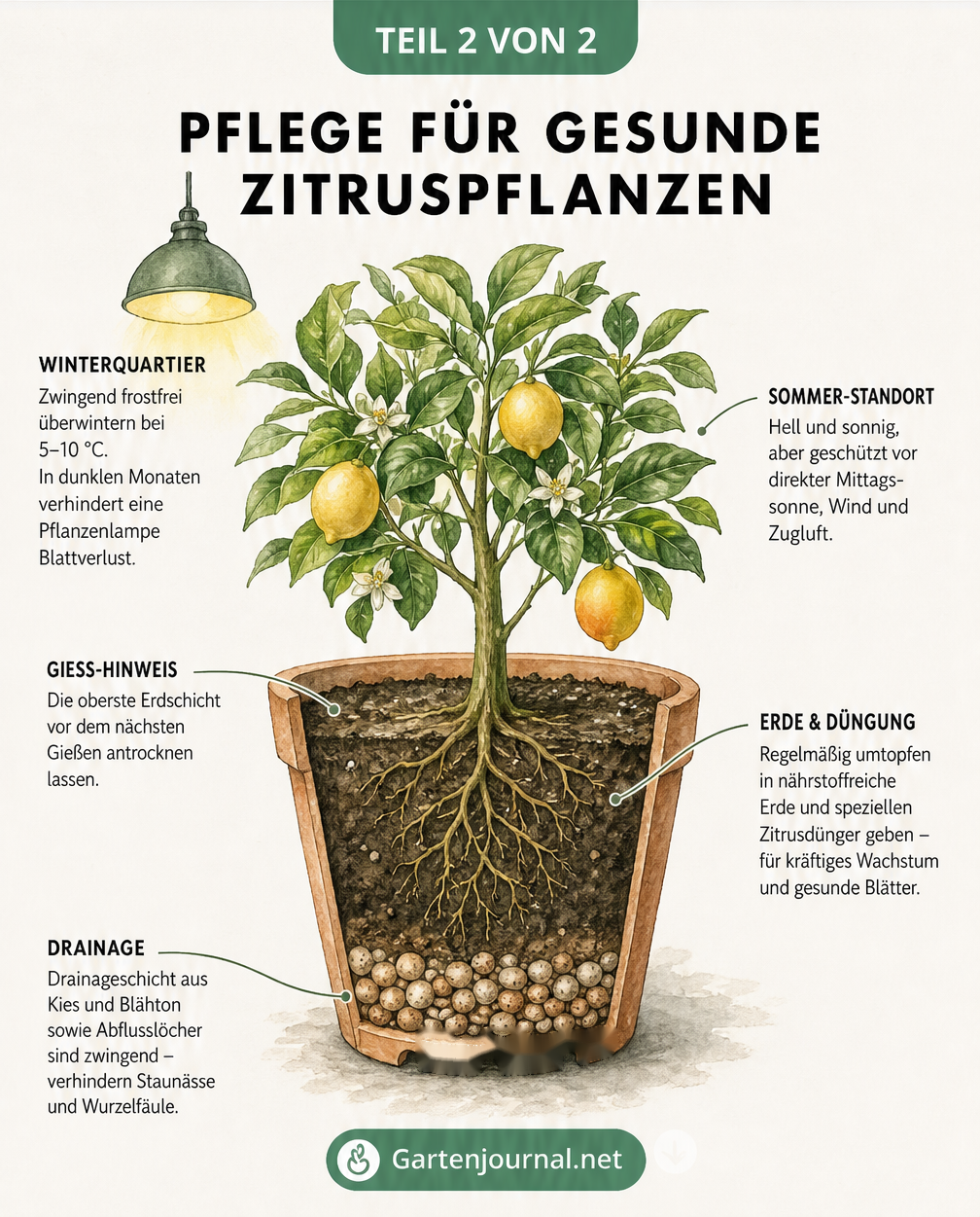 Querschnitt-Zeichnung einer Zitruspflanze im Terrakotta-Topf, die ideale Pflegebedingungen wie Drainageschicht, lockere Erde, Sommer-Standort und...