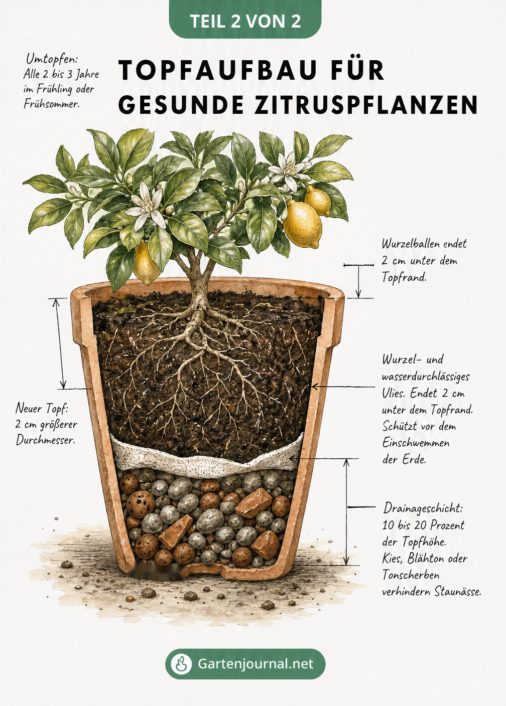 Schnittzeichnung eines bepflanzten Terrakotta-Topfes mit Zitruspflanze, die den Aufbau aus Drainageschicht, Vlies und Wurzelballen zeigt.