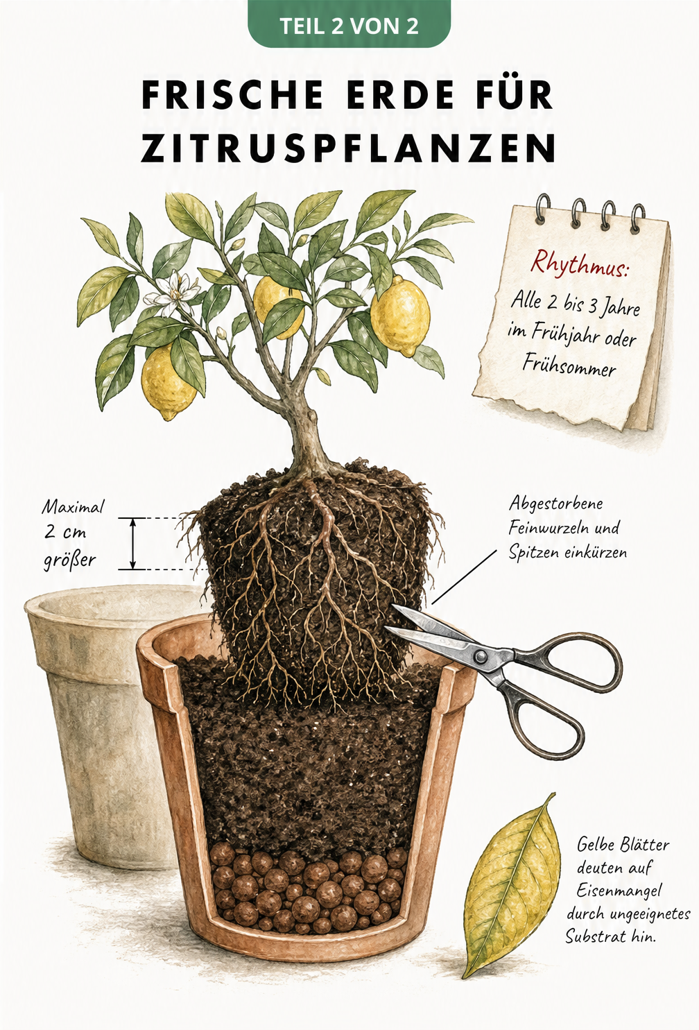 Illustration eines Zitronenbaums beim Umtopfen, mit Hinweisen zur Topfgröße, zum Wurzelschnitt und zu gelben Blättern bei Eisenmangel.