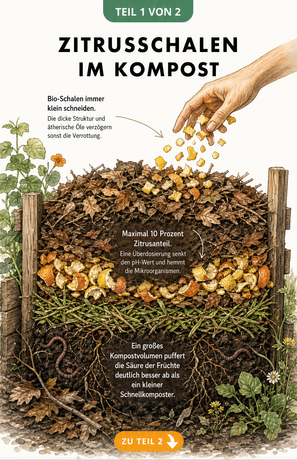 Querschnitt eines Komposthaufens mit Zitrusschalen, Laub und Grasschnitt
